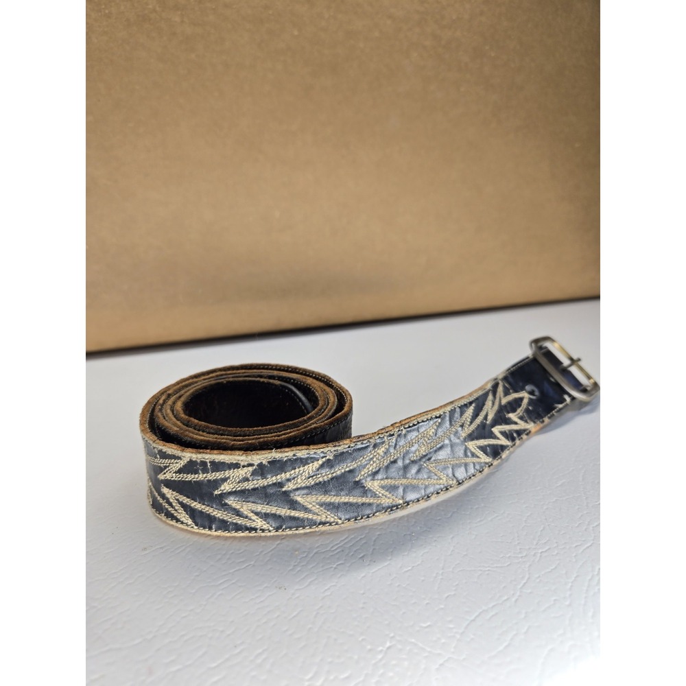 Vtg Black Leather Belt Embroidered Zig Zag Western Fits 29-38"